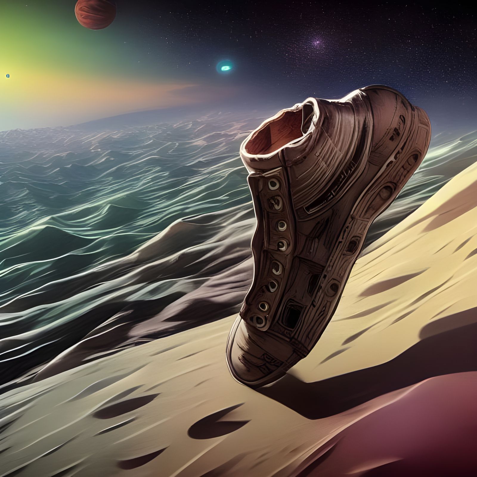 Space Desert: Giant Shoe in Photorealistic Style