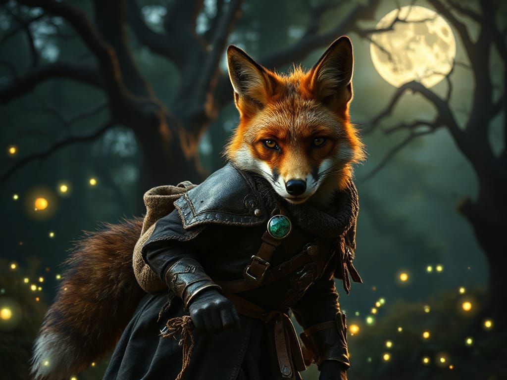 Mysterious Fox in Moonlit Forest, with Intricate Armor and G...