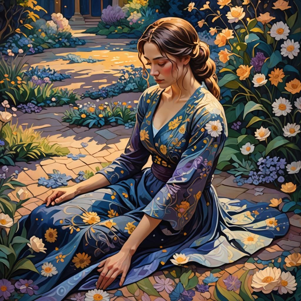 A painting of a woman in Balasana pose with a dress made of ...