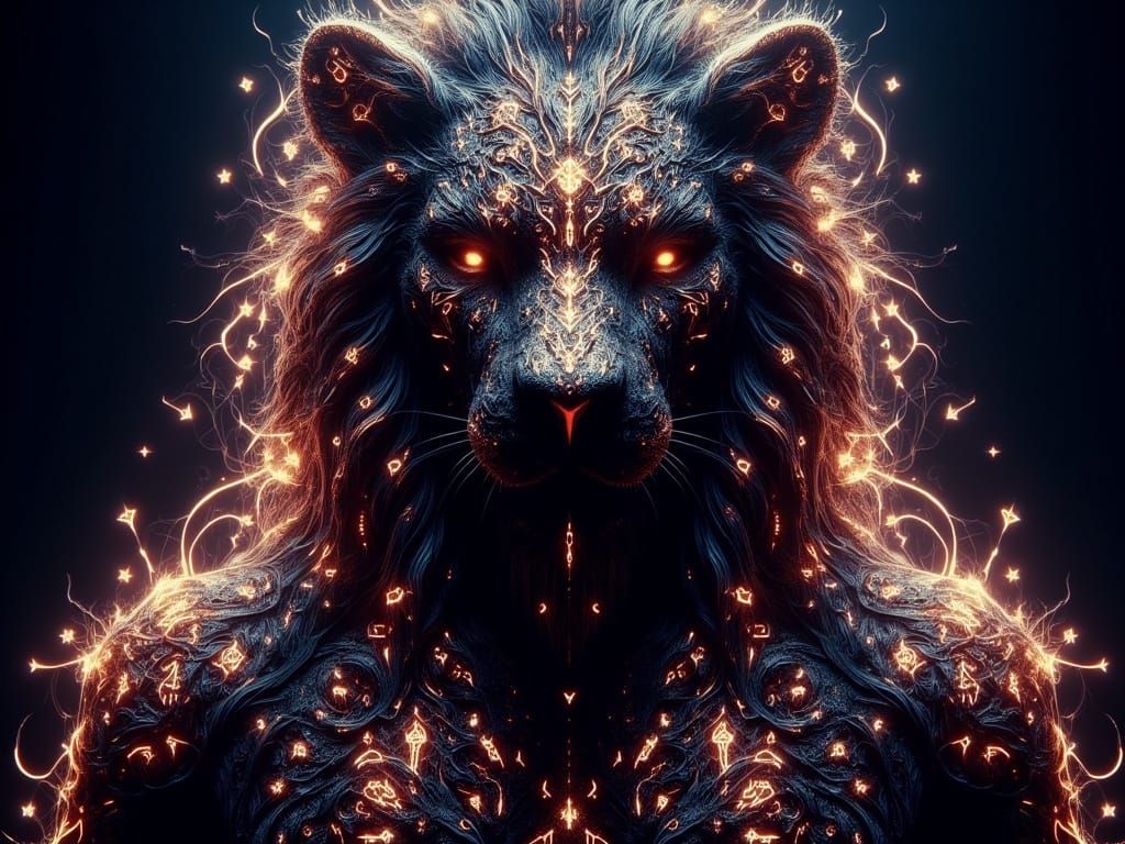 Glowing Runes Regal Lion Portrait in Dark Fantasy Style