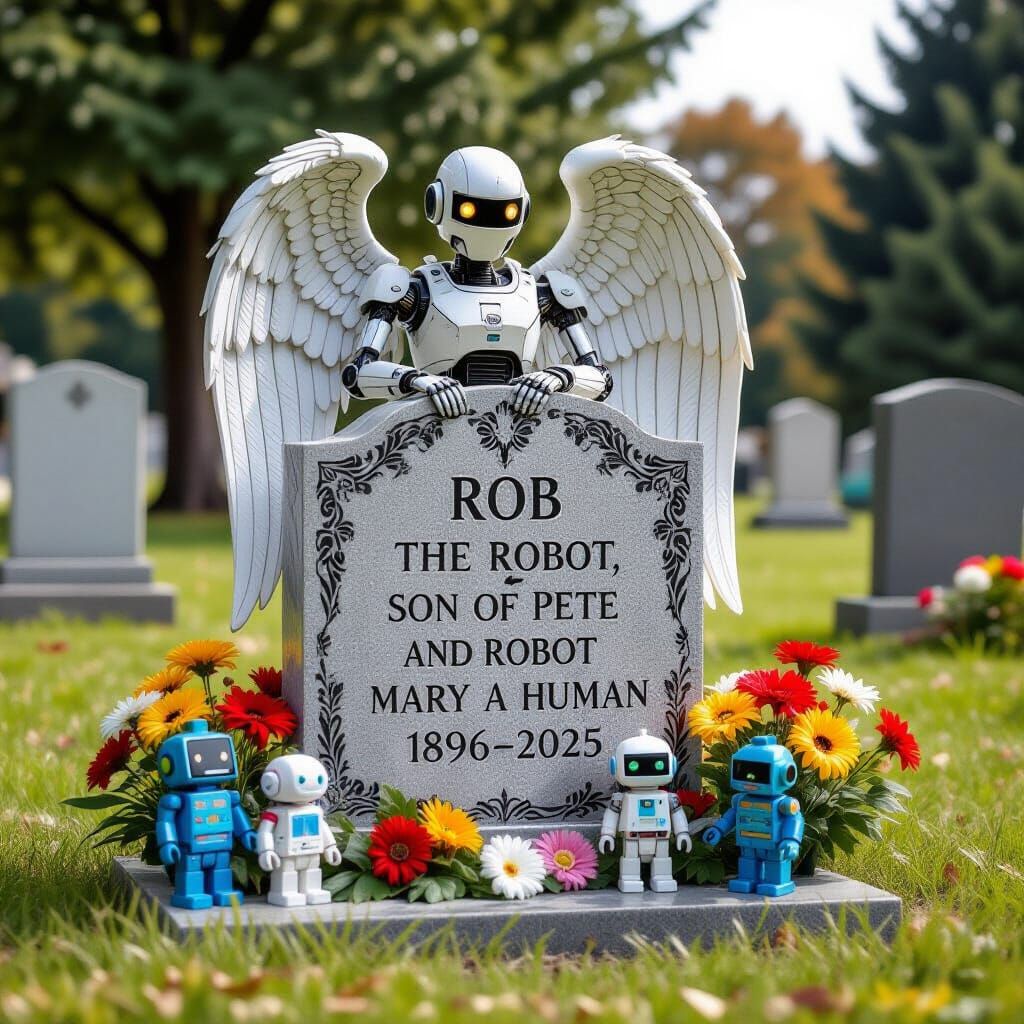 Robotic Angel Watches Over Robot Grave