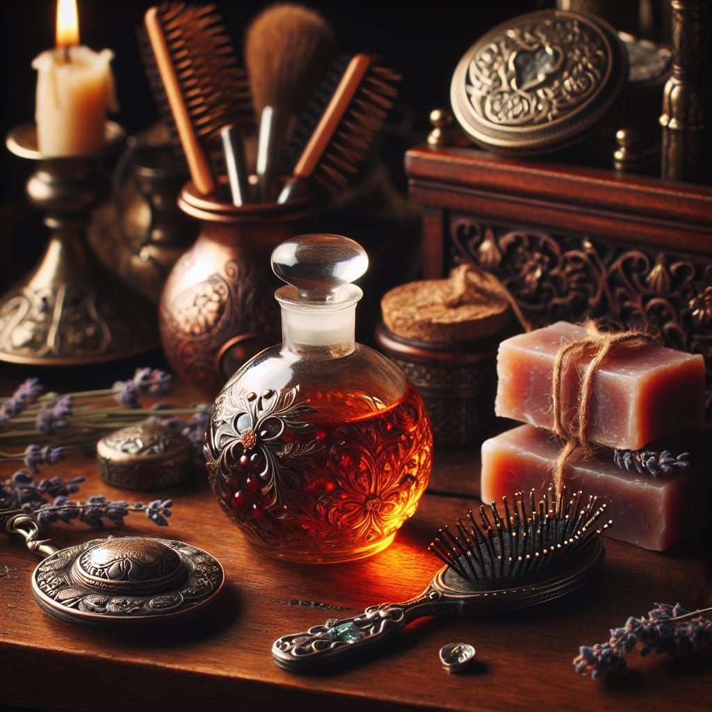 Antique Beauty Scene with Pomegranate Oil