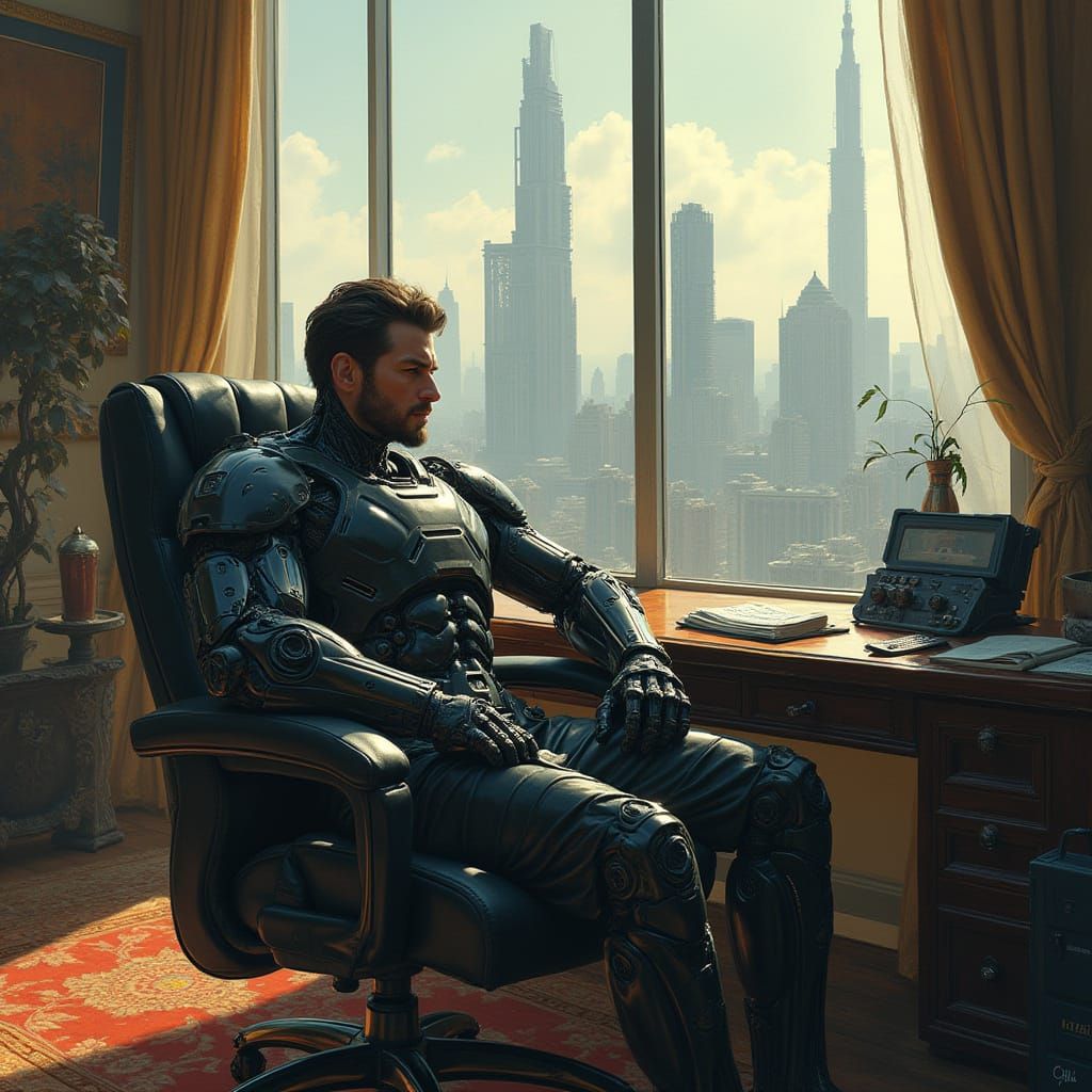 Cyborg CEO in Opulent Office: Cyberpunk Noir