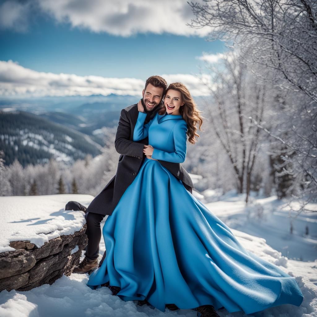 Smiling Couple in Winter Landscape: Digital Matte Painting