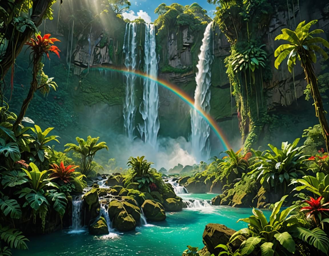 A rainbow over a waterfall