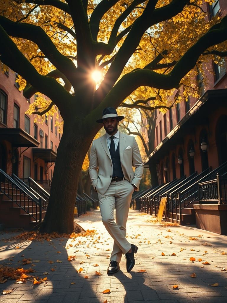Autumnal Brooklyn Street Scene with Dapper Man