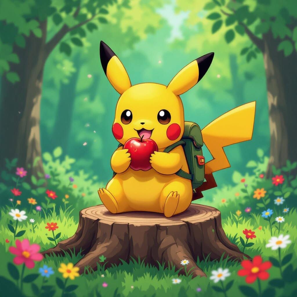 Pikachu Enjoying an Apple in Murakami Style