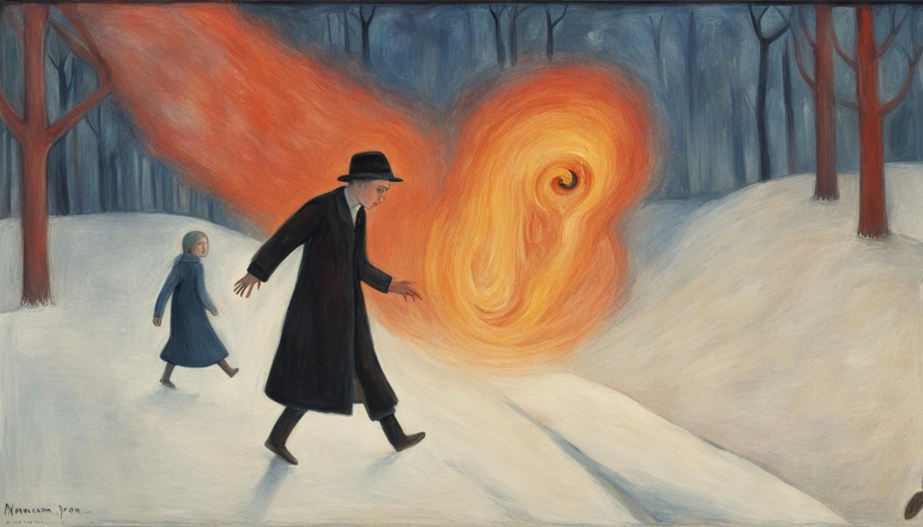 Nancy Drew Screaming at Burning Demon in Expressionist Style