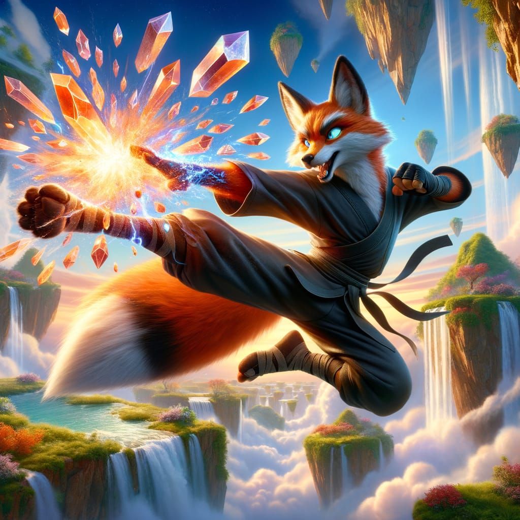 Anthropomorphic Fox Ninja Shatters Crystals in Vibrant World