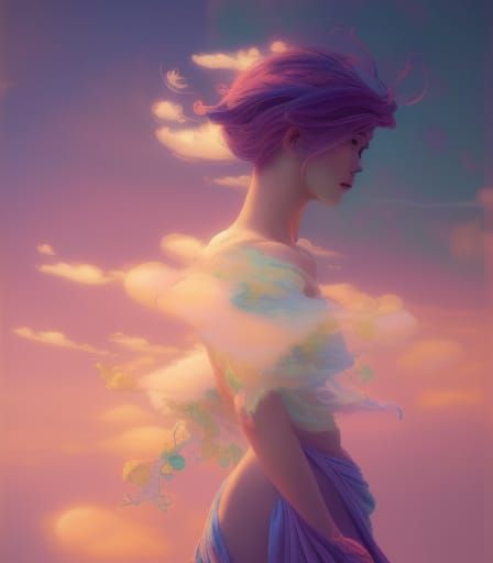 Dreamy Woman in Pastel Clouds: Digital Art