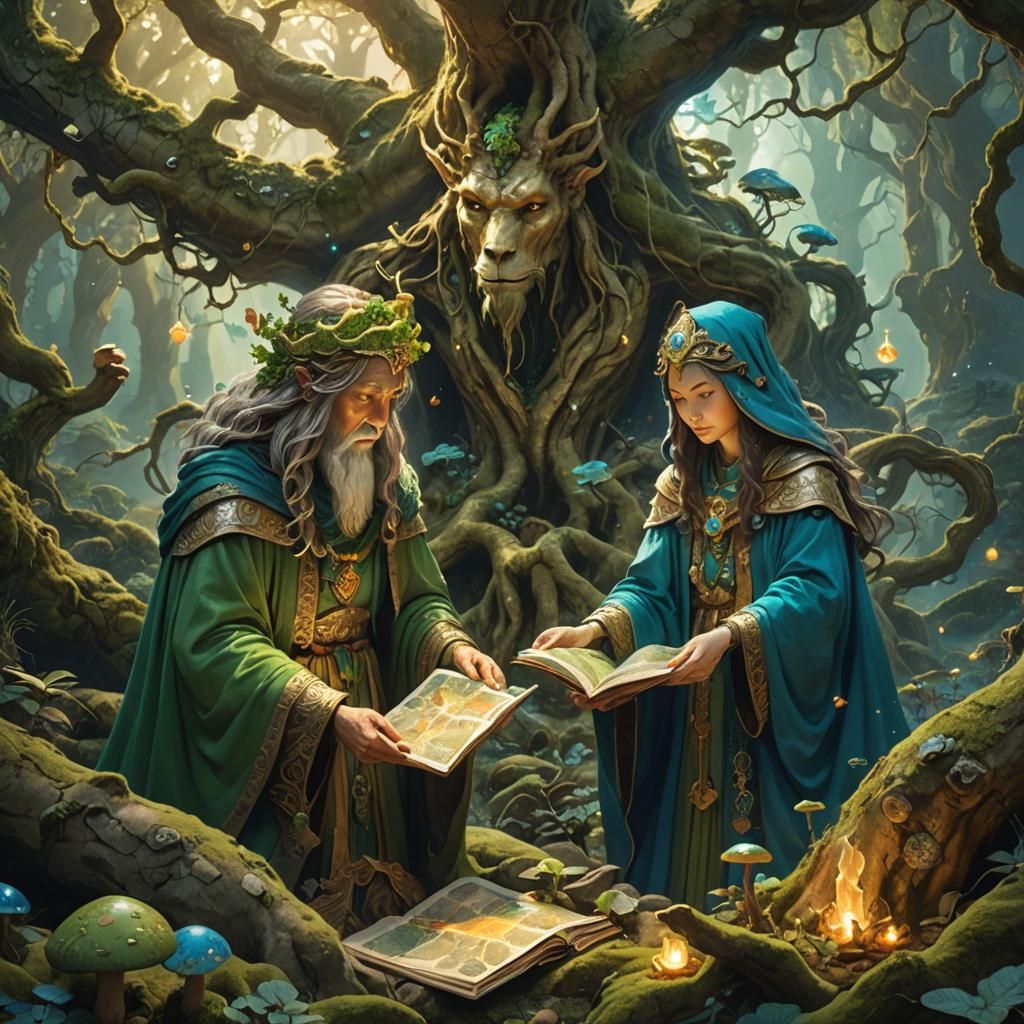 Deities Search in Enchanted Forest, Fantasy Art