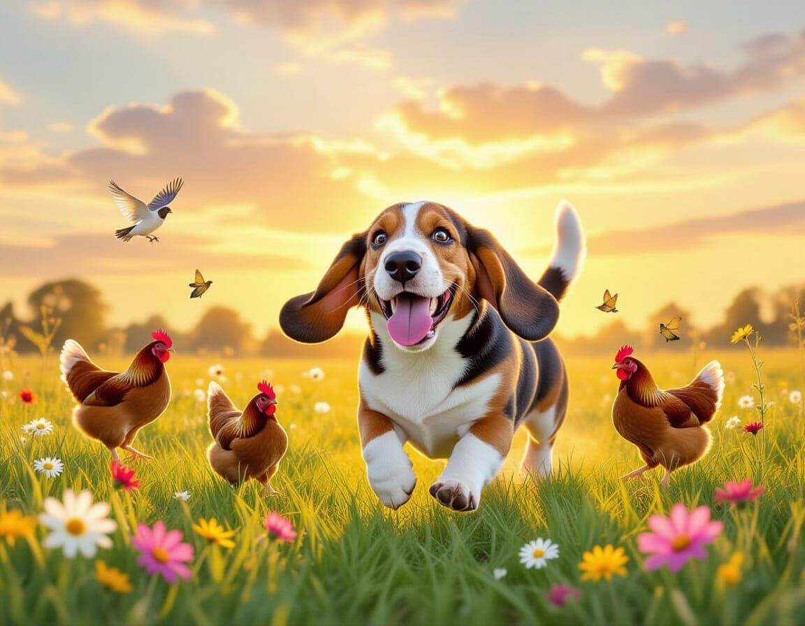 Adorable Basset Hound Chasing Chickens at Sunrise in Waterco...