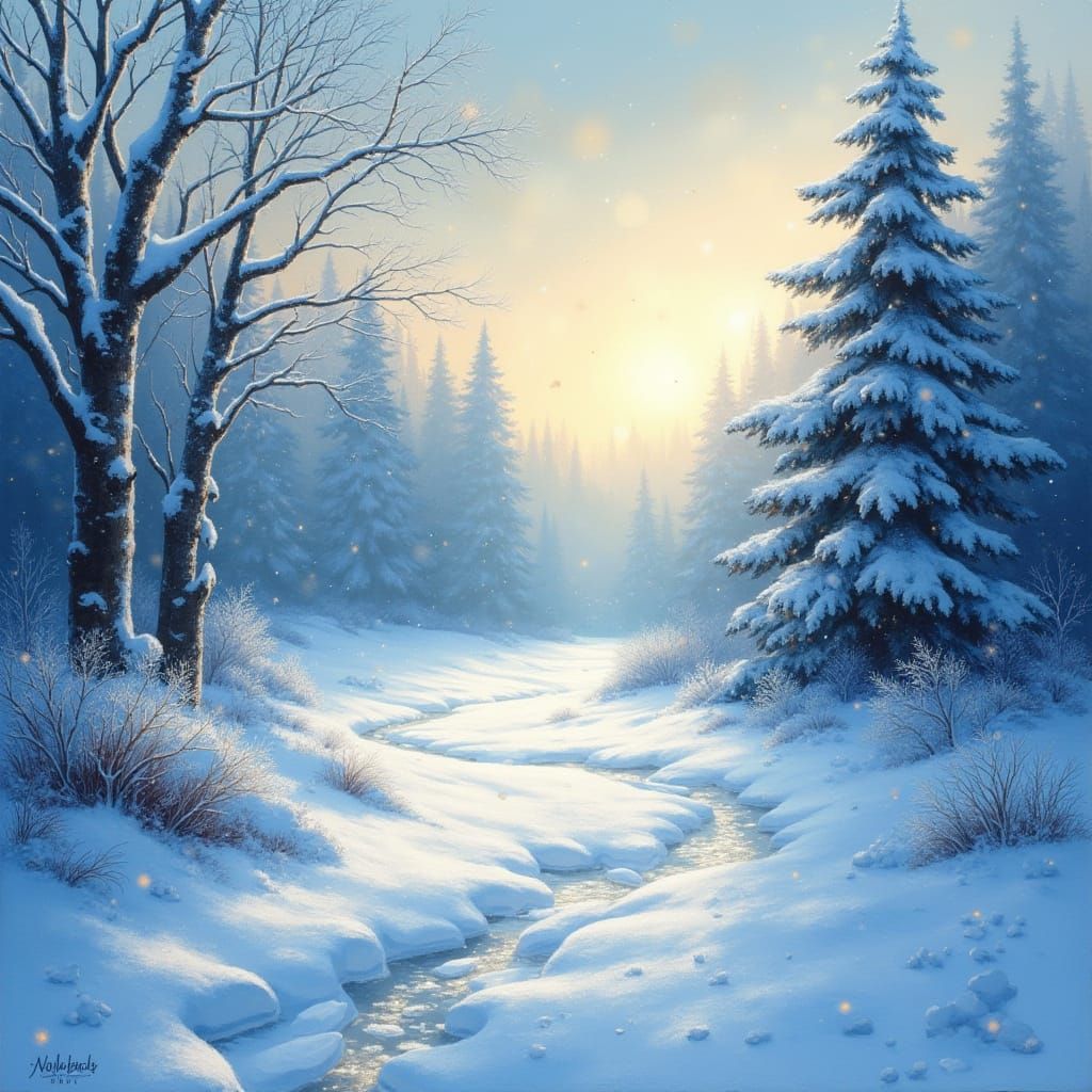 Fairytale Winter Landscape with Frosty Shimmering Snow