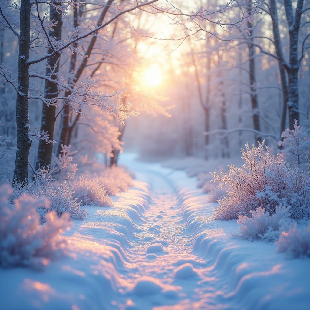 Fairy-Tale Winter Landscape with Sparkling Frost and Sun