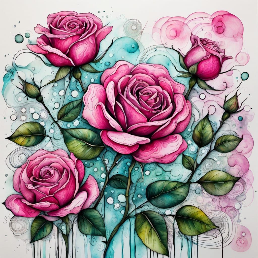 Pink Rose Doodlescape in Vibrant Abstract Art
