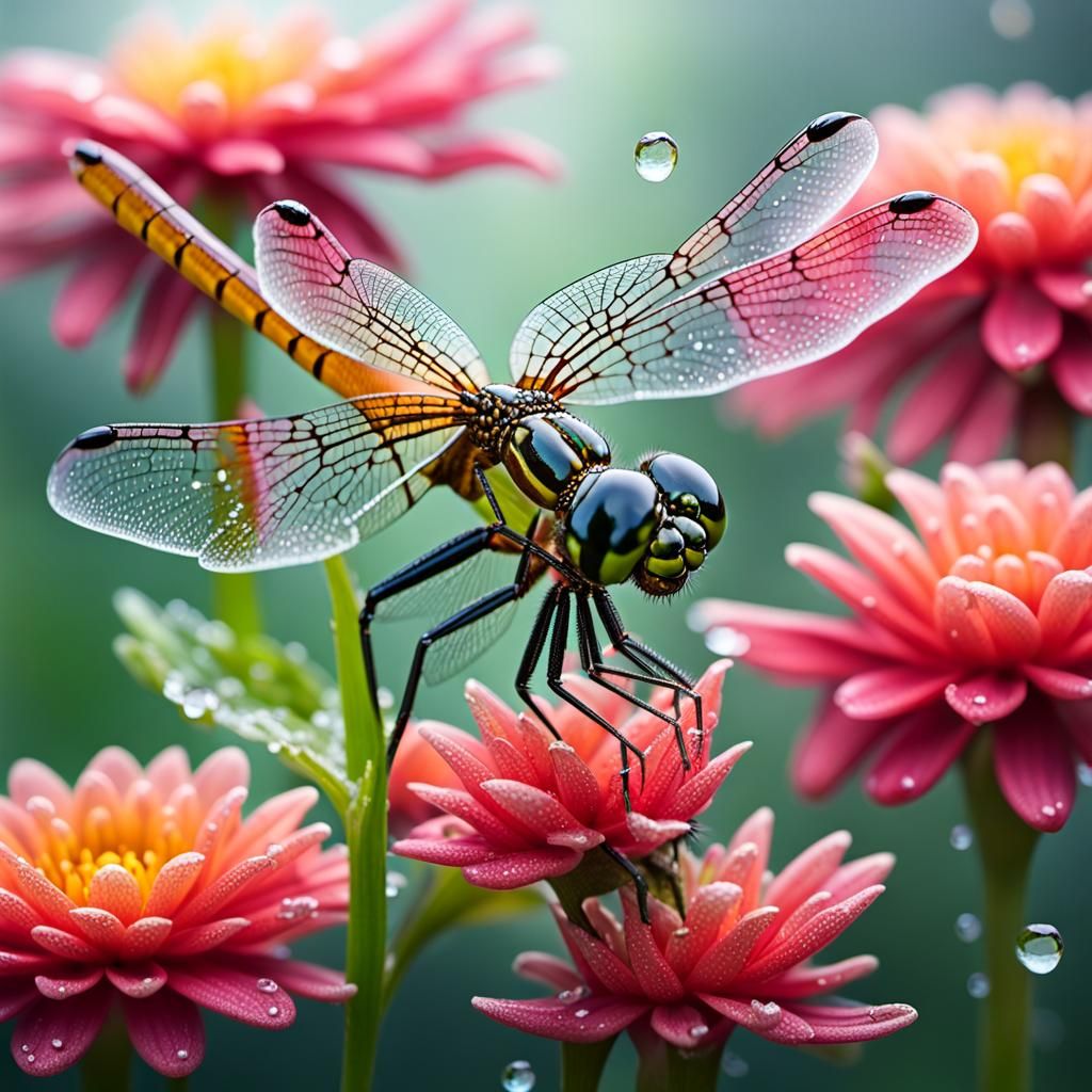Dew-Kissed Dragonfly on Dahlia: Macro Photography