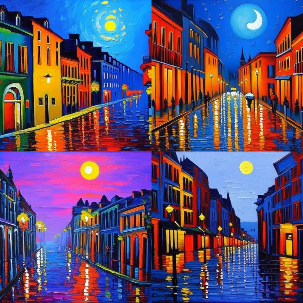 Moonlit City Street in Expressionist Style