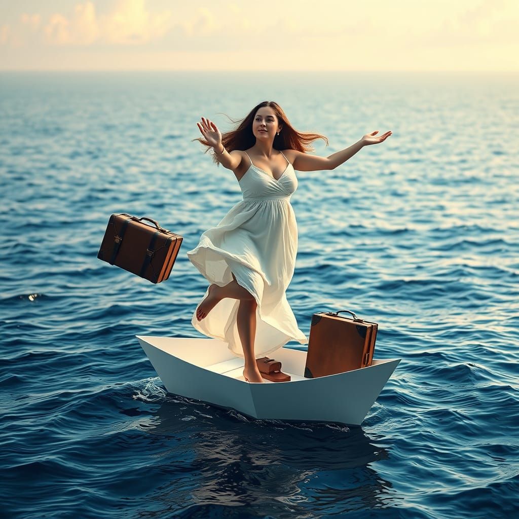 Woman on Paper Boat in Open Ocean