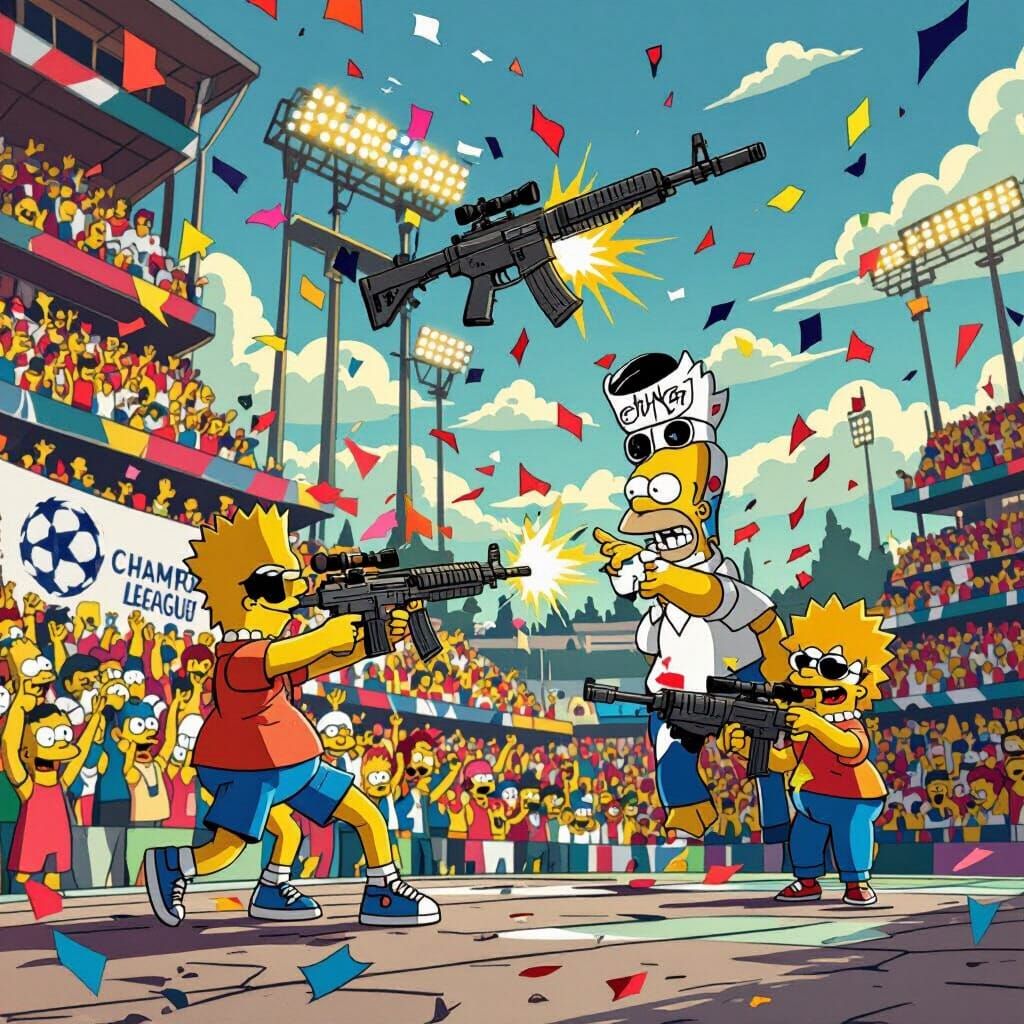 Bart and Homer Simpson at Champions League Stadium with Subm...