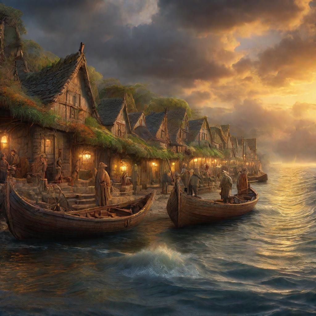 Golden Hour at Medieval Fishing Village: Matte Painting