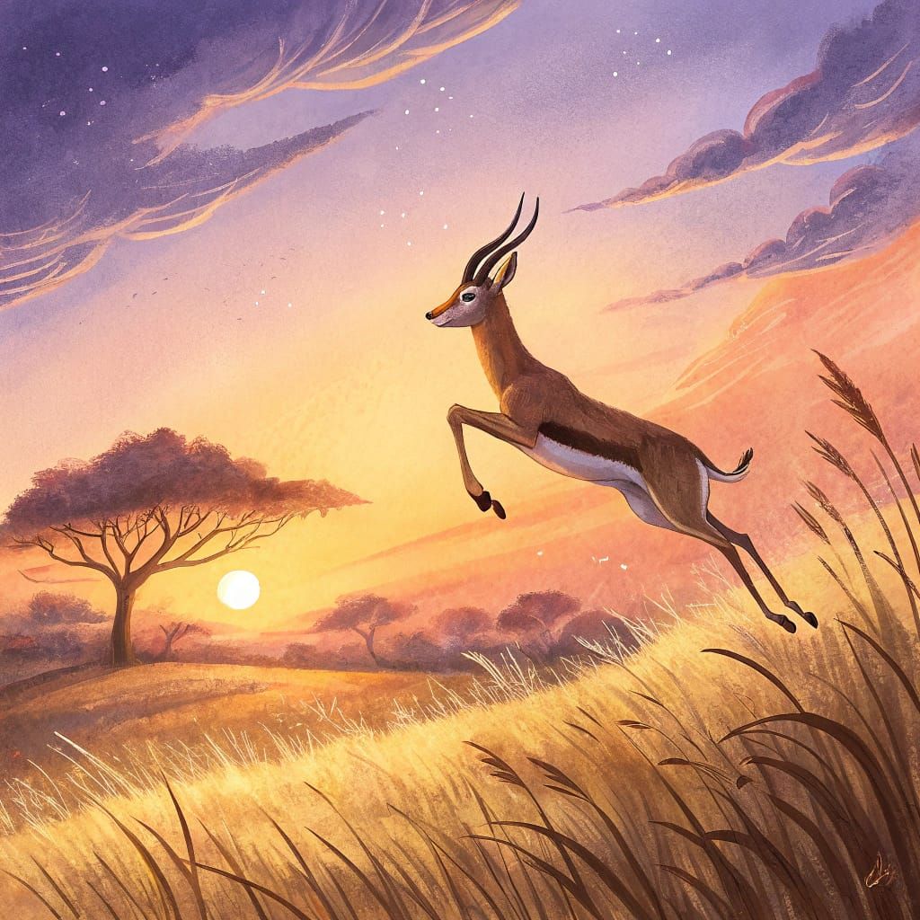 Graceful Gazelle Leaping Across African Savannah in Watercol...