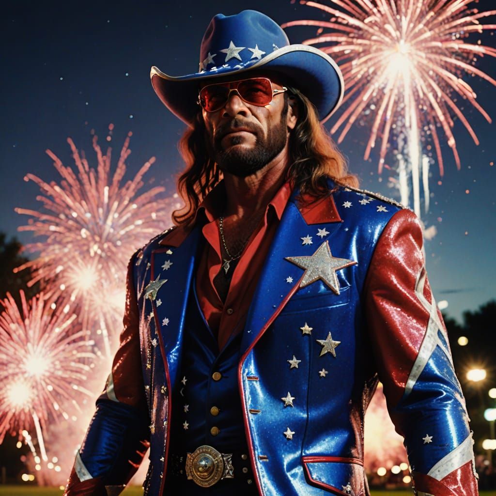 Intimidating Randy Savage in Patriotic Star Attire