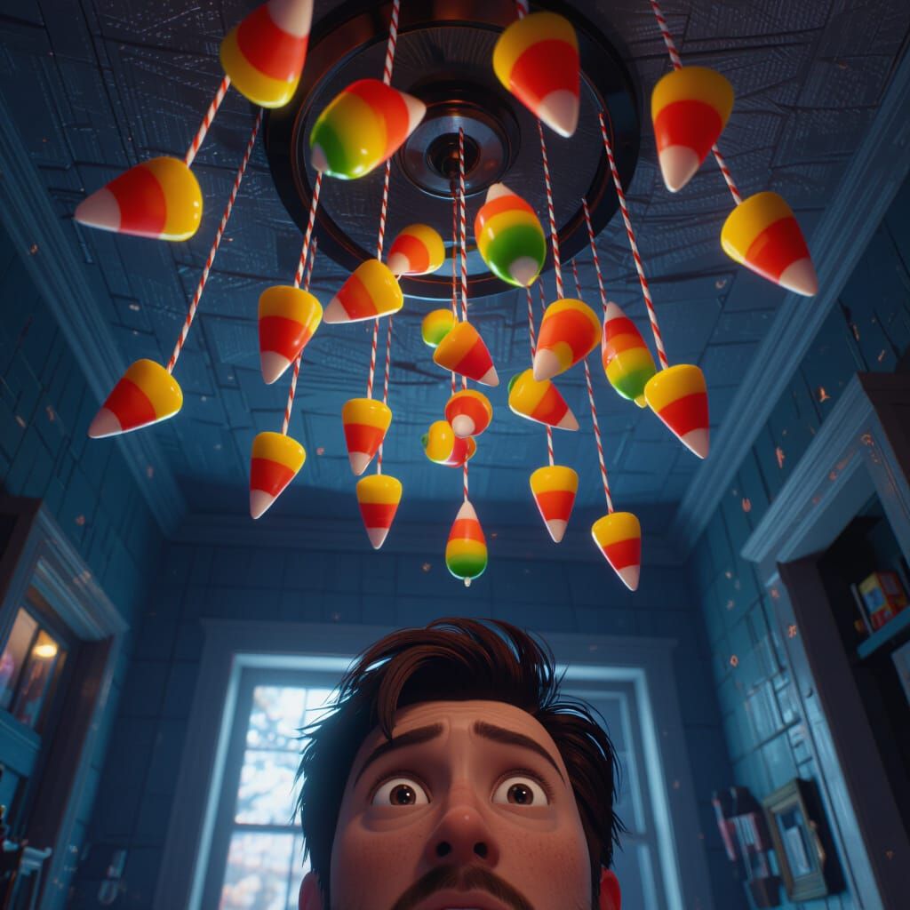 Scary Candy Corn Ceiling Horror in 3D Game Style