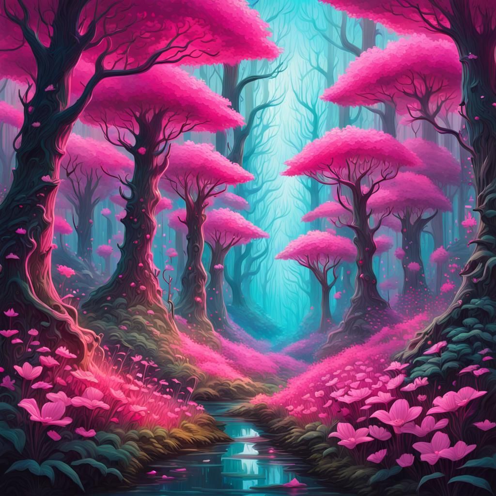 A surreal and dreamy forest filled with vibrant pink flowers...