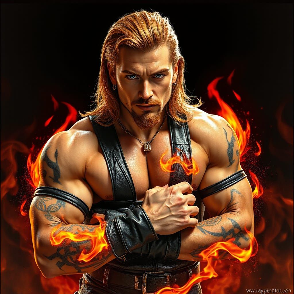 Tanned Muscular Man with Flame Tattoos in Anime Style
