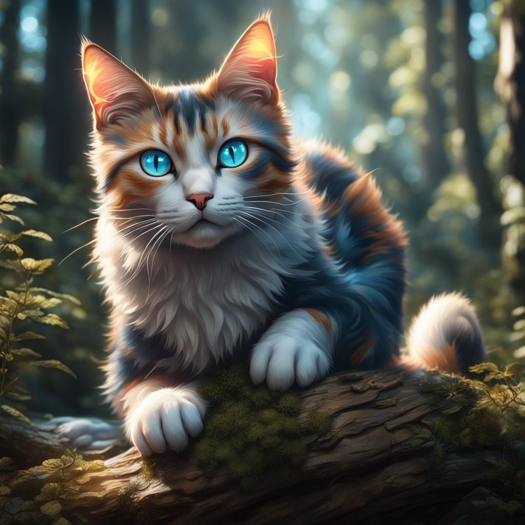 Calico Cat in Forest, Detailed Matte Painting