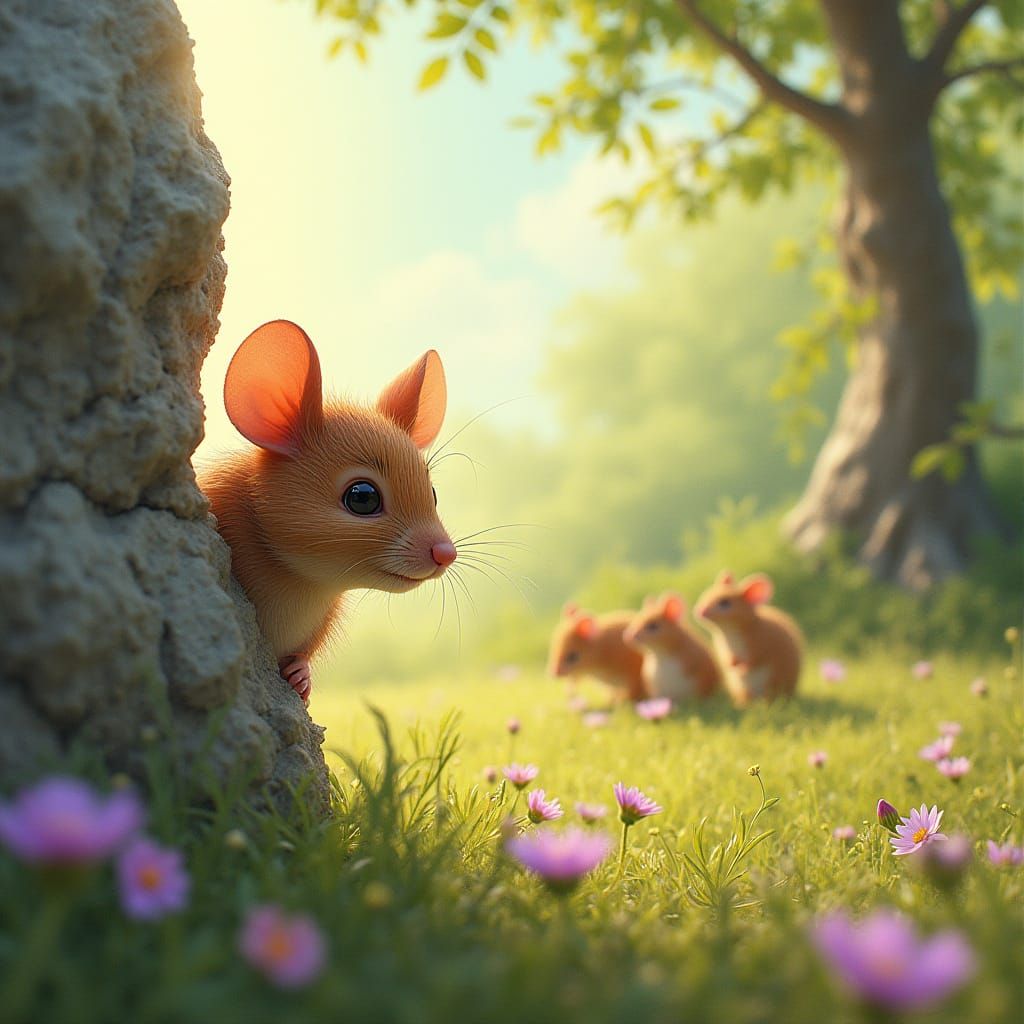 Shy Mouse Observes Meadow Party: Whimsical Art