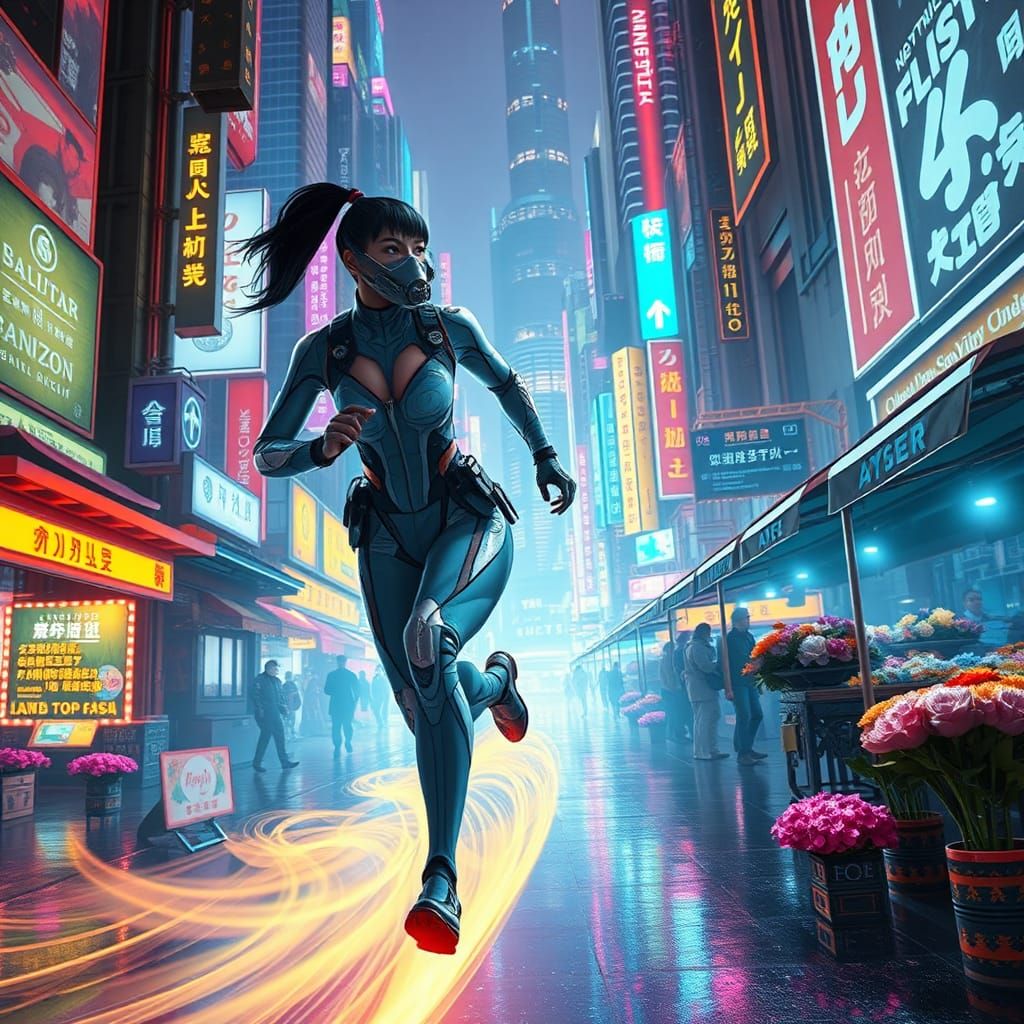 Woman Runs Through Neon Space Town in Exosuit