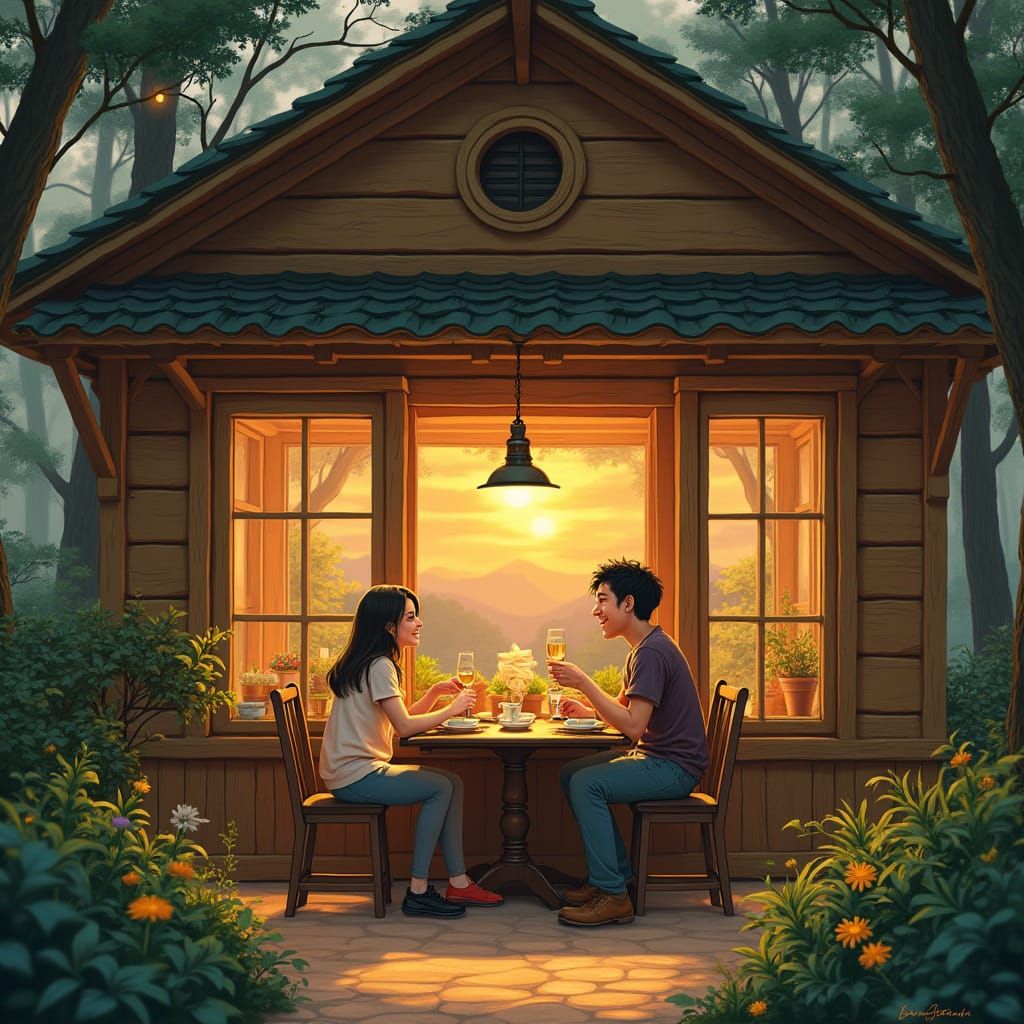 Cozy Dinner in a Whimsical Pine Tree Cafe