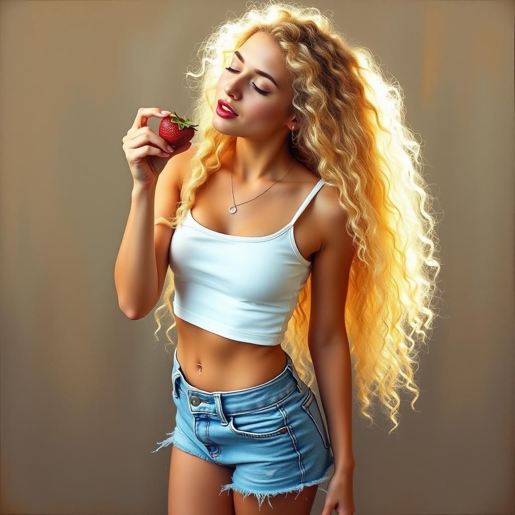 Strawberry Delight: Mixed Media Portrait of Young Woman