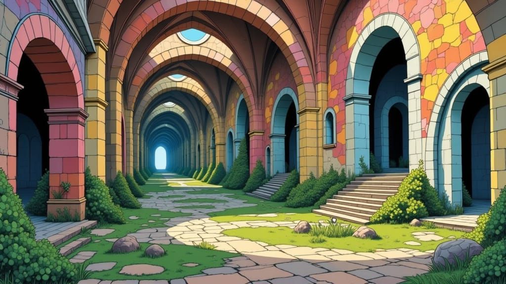 Mystical Monastery Passageway in Comic Book Style