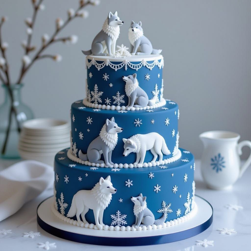 Midnight Blue & White 7-Tier Wolf Cake Design