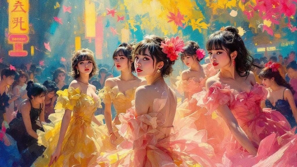 K-Pop Girl Band Performance with Impasto Brushstrokes