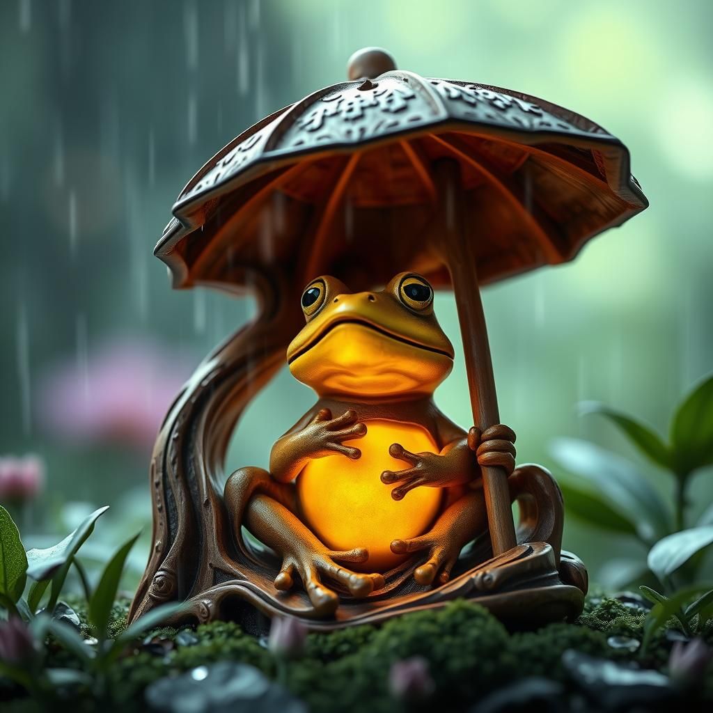 Adorable Glowing Frog Under Umbrella: Digital Carving