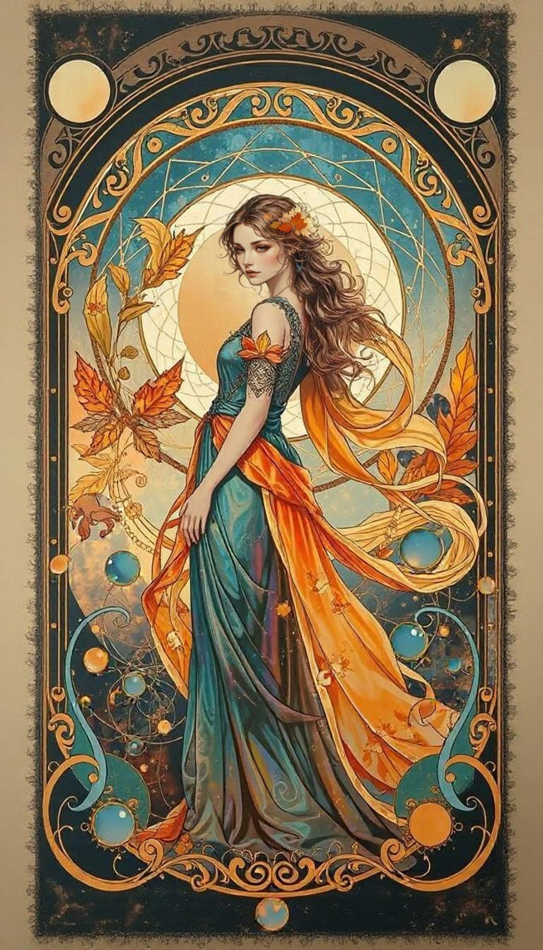 Art Nouveau Iridescent Woman Amidst Autumn Foliage