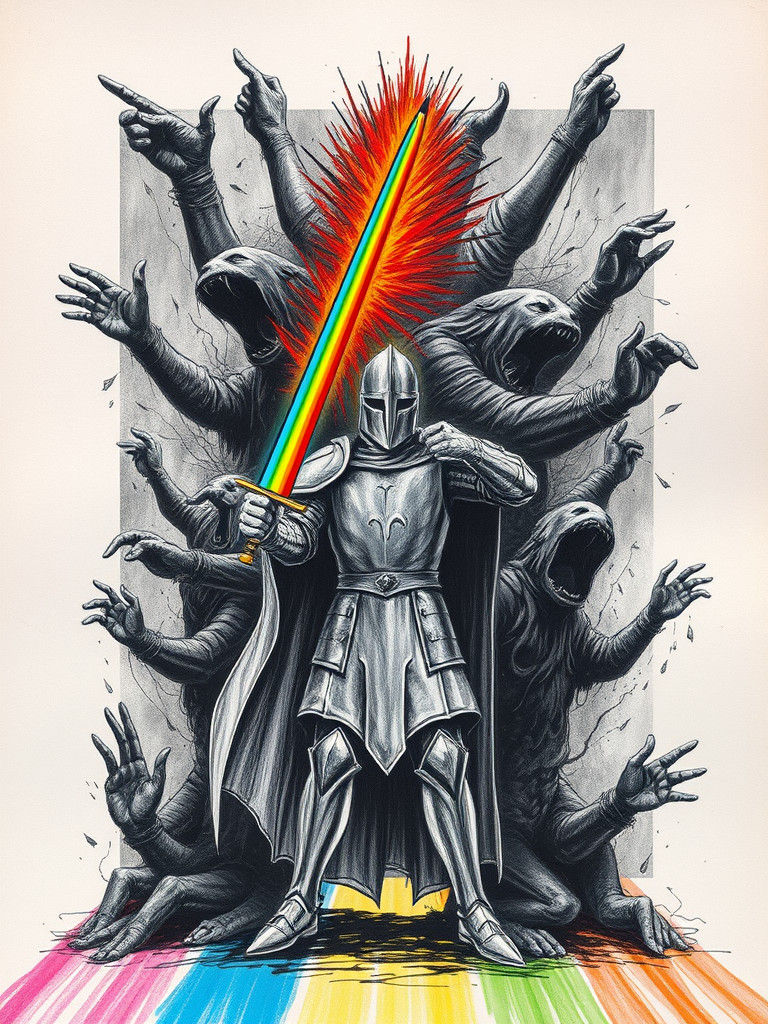 Knight with Rainbow Pencil Sword and Shadow Spirits