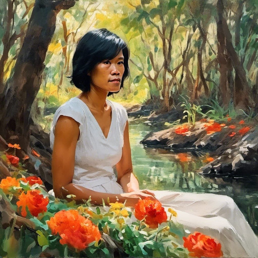 Impressionist Woman in Vibrant Landscape Painting