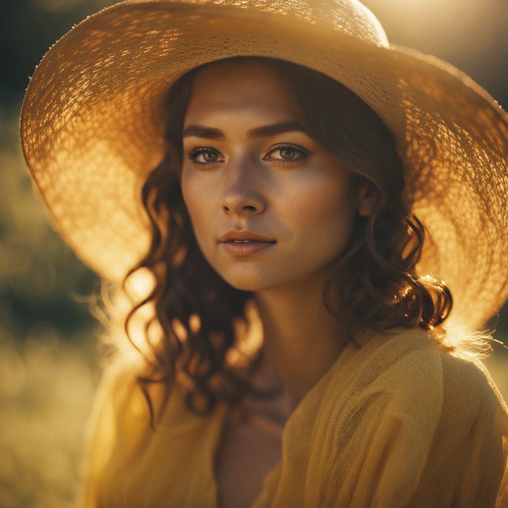 Ethereal Woman in Straw Hat with Golden Light