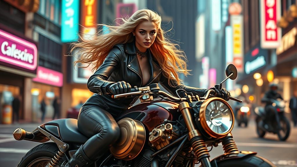 Cyberpunk Woman on Steampunk Motorcycle