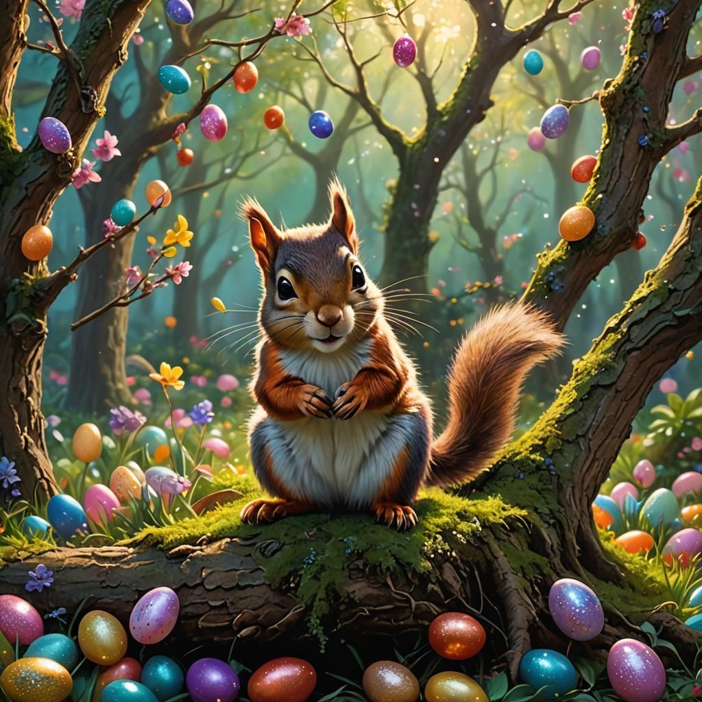 Baby Squirrel Easter Egg Hunt in Enchanted Garden