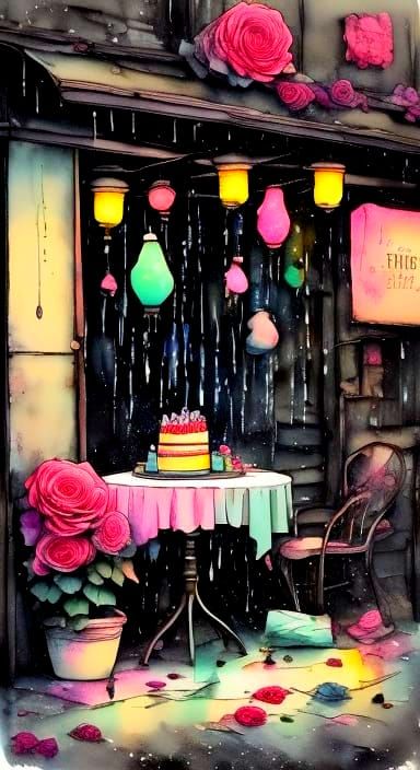 Abandoned Birthday Party in Neon Drenched Rain