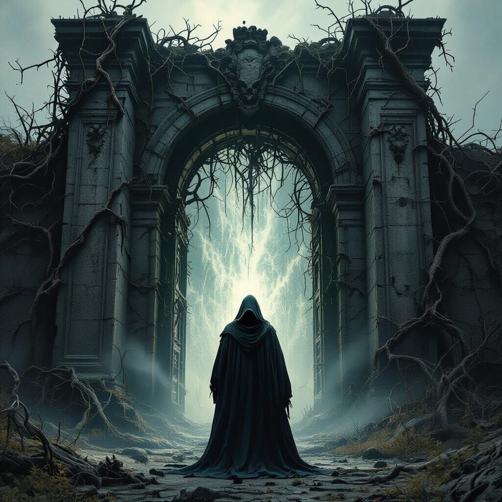 A figure stands before a colossal, ancient gate, overgrown w...