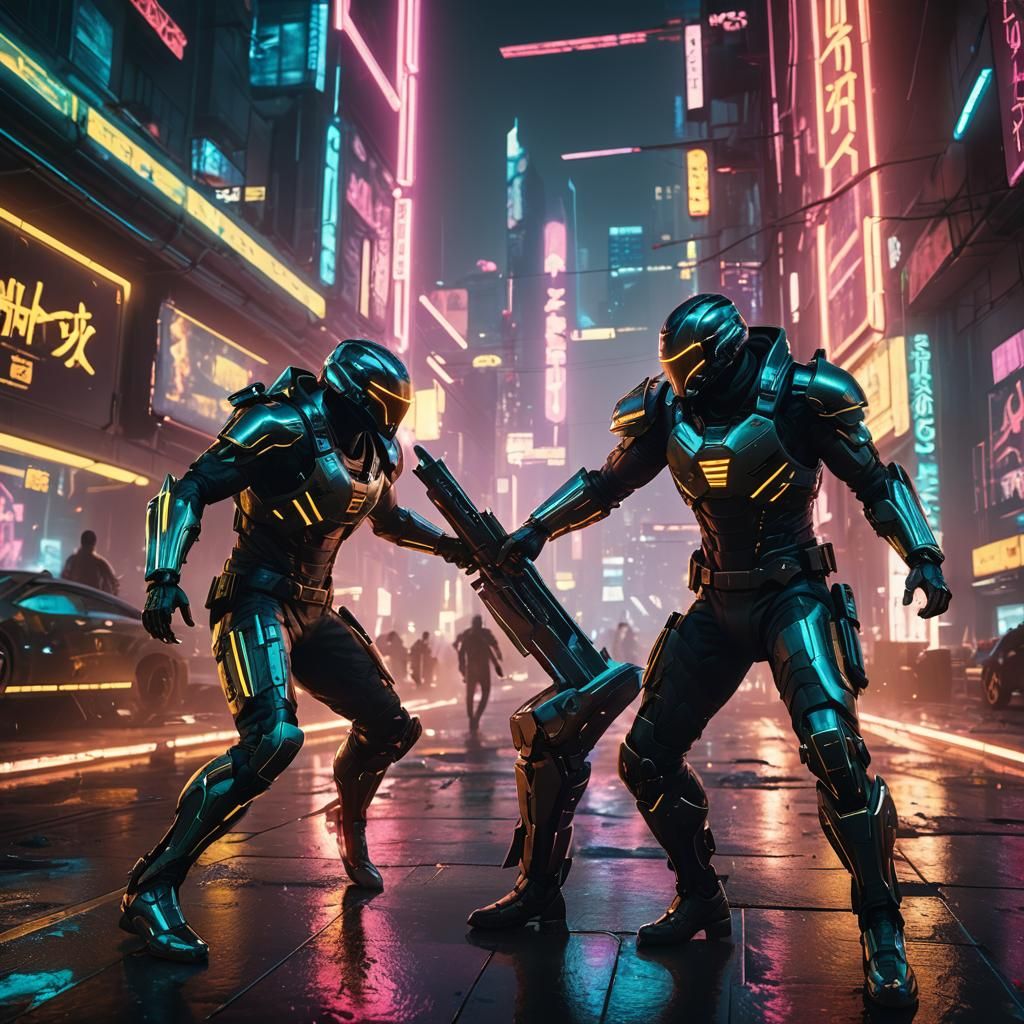 Cyberpunk Duel: Futuristic Warriors Clash in Neon Cityscape