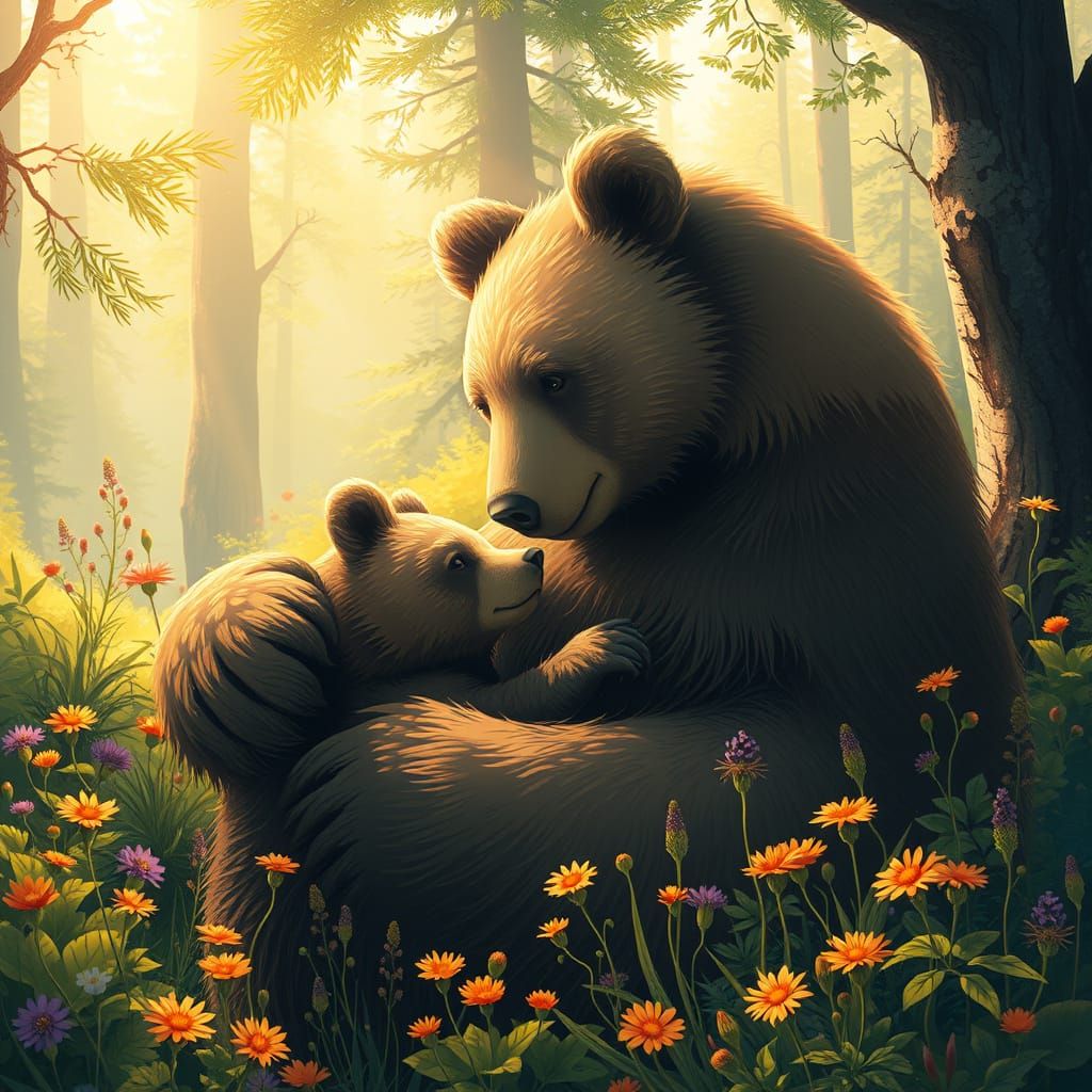 Mother Bear and Cub in Whimsical Forest