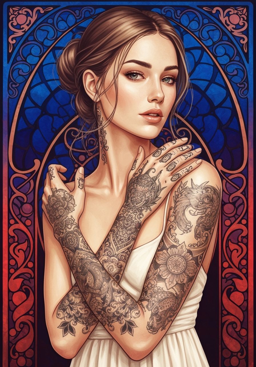 Art Nouveau Portrait: Woman with Intricate Tattoos