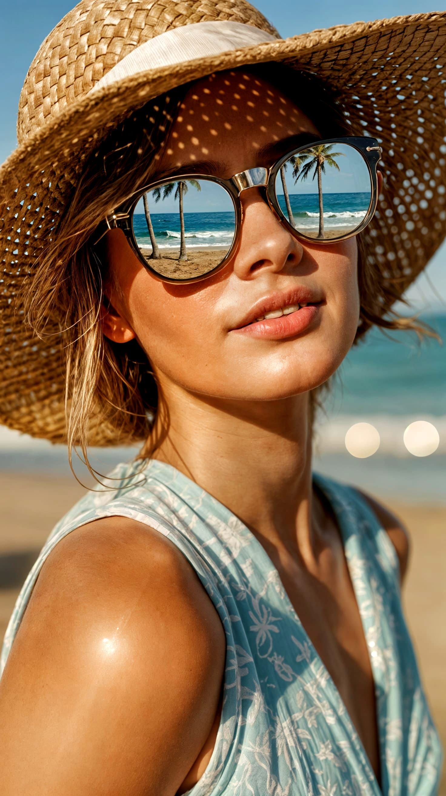 Vintage Summer: Woman with Reflected Beach Scene